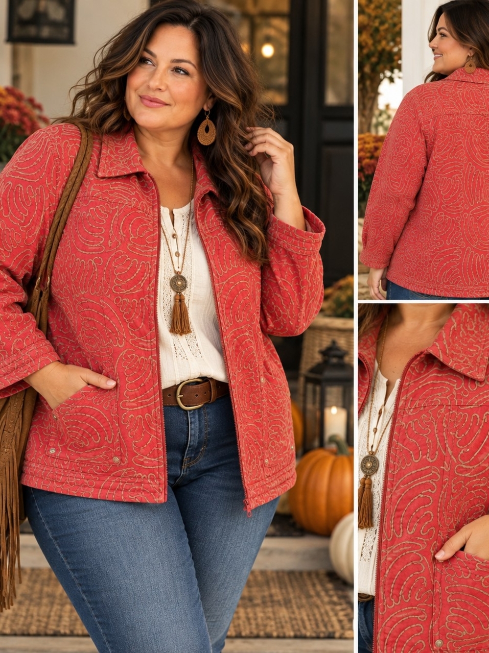 Tantrums 3X Coral Tan Embroidered Cottagecore Boho Artsy Cotton Zip Jacket